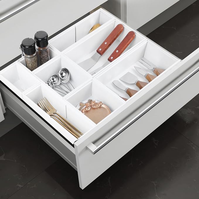 Bamboo Drawer Organizer Set, 8 PCS White Multi-Use Wood Drawer Storage Kitchen Boxes, Junk Drawer Organizer Divider Bins for Bathroom, Office Desk, Makeup, Jewelry, Utensils
