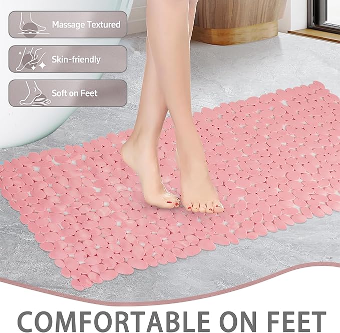 SONGZIMING Pebble Bath Mat for Bathtub to Anti Slip Bathtub Mat in Shower with 16 Inches by 35 Inches (Pink)