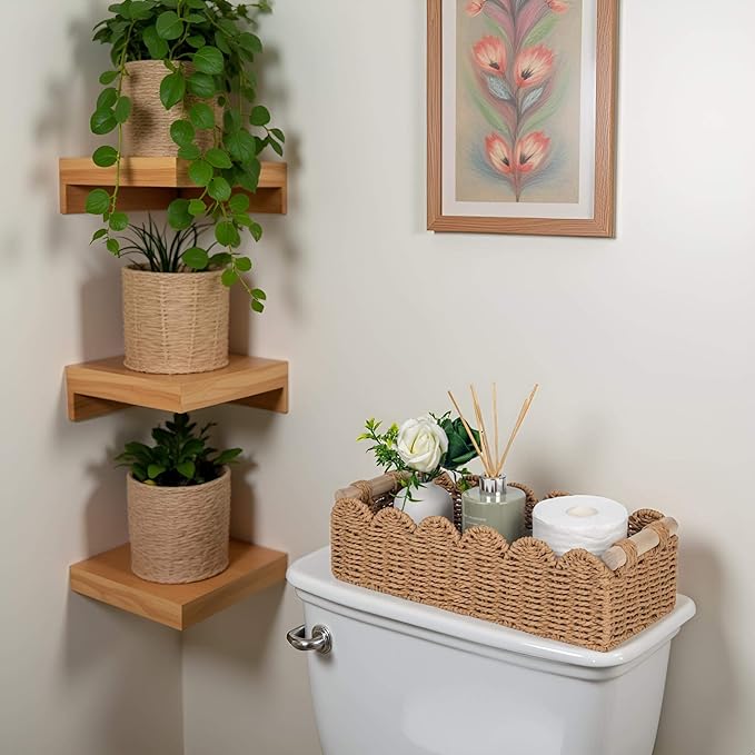 CubesLand Bathroom Basket Organizer, Toilet Tank Paper Storage Baskets 2-Pack, Scalloped Decorative Basket for Countertop w/Handle, Wicker Basket for Bathroom Decor, Home Decor, Living Room, Neutral