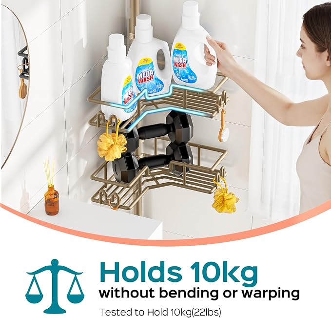 HAMITOR No Drilling Shower Rack: Tension Pole Corner Bathroom Accessories with Hooks - 4-Tier Adjustable Rustproof Shelves - Renter-Friendly Space-Saving Caddy for Family & Apartment 47-123 Inch Khaki