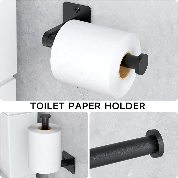 KLJKPA 8 Pieces Bathroom Hardware Set, 24 inch Towel Bar, Matte Black Bathroom Accessories Set, Towel Racks for Bathroom, Robe Towel Hooks, Toilet Paper Holder Wall Mounted