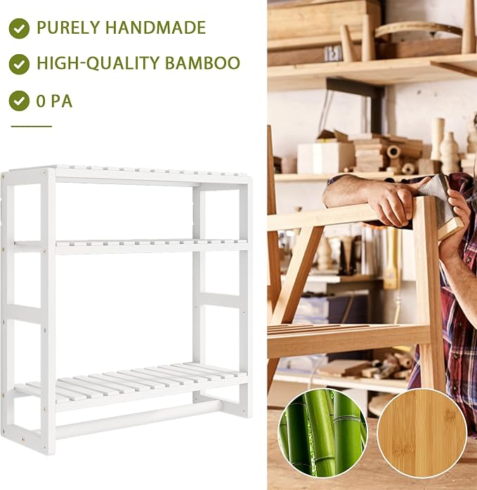 Galood Over The Toilet Storage Bathroom Shelves Wall Mounted 3 Tier Space Saver Corner Shelf Organizer Bamboo Towel Rack Toilet Paper Cabinet with Hanging Rod White