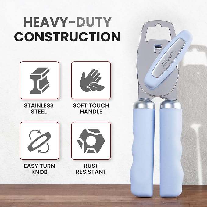 Zulay Kitchen Heavy Duty Stainless Steel Can Opener Manual with Bottle Opener - Rust Proof Manual Can Opener With Turn Knob & Comfy Soft Grip Handles - Light Blue