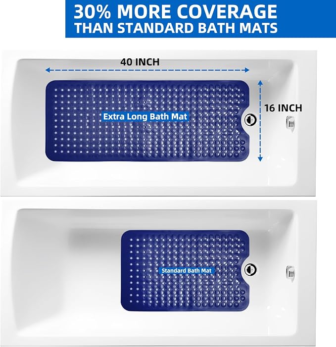 MOONFLY Shower and Bathtub Mat,40x16 Inches,Extra Long Non Slip Mats with Suction Cups and Drain Holes, Machine Washable and Anti Slip Bathmats, Bathroom Mats for Tub Nonslip (Navy Blue)