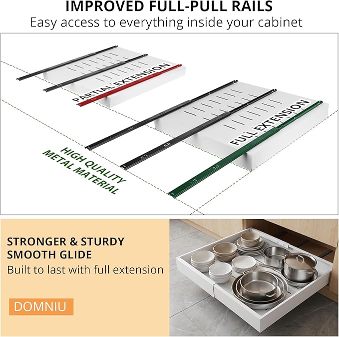 DOMNIU 4 Pack Pull Out Cabinet Organizers Expandable Width (12.4''-20.27''), Upgrade 3 Slide Rails Sliding Drawer for Kitchen Cabinet Organizer with Adhesive Nano Film, White