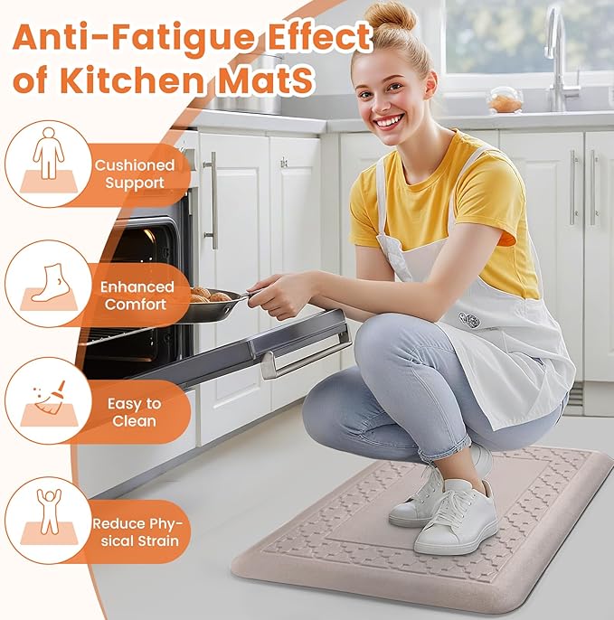 4/5 Inch Thicker Kitchen Mats for Floor Non-Slip Anti Fatigue Comfort Mat Waterproof Kitchen Rug for Sink, Office,Home Stain Resistant Standing Desk Rugs-17.3"x 24", Khaki