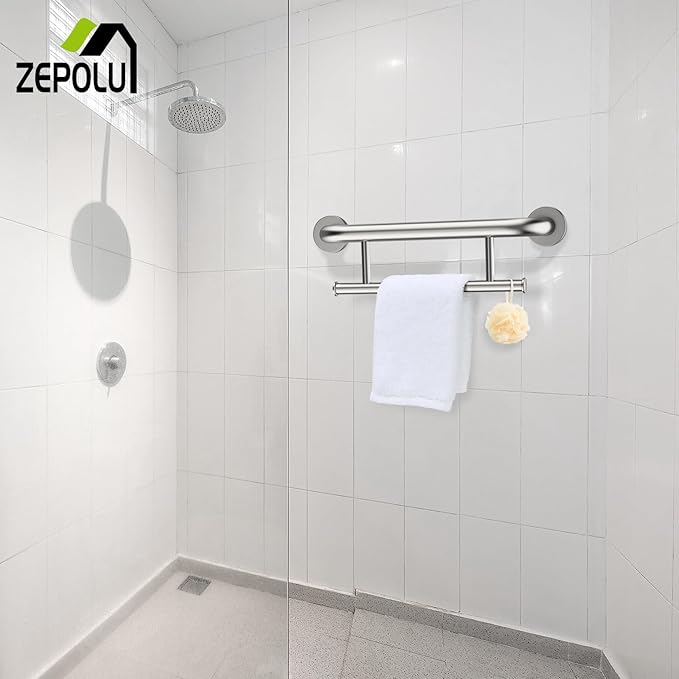 Brushed Nickel Towel Rack Grab Bar Combo, Zepolu Stainless Steel Safety Balanced Assist Support Handle 17 Inch, 2-in-1 Handicap Towel Bar, Wall Mounted Towel Holder for Senior Elderly Disabled