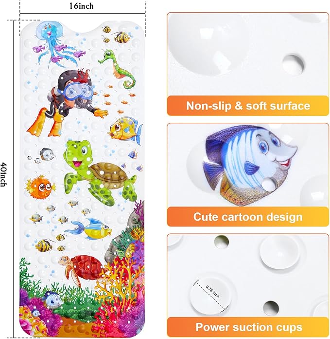 Bath Mat for Tub Non Slip, Machine Washable Anti Slip Cartoon Baby Bathtub Shower Mat with Drain Holes and Suction Cups for Toddler & Kids, 40 Inch x 16 Inch-Rectangular, Turtle