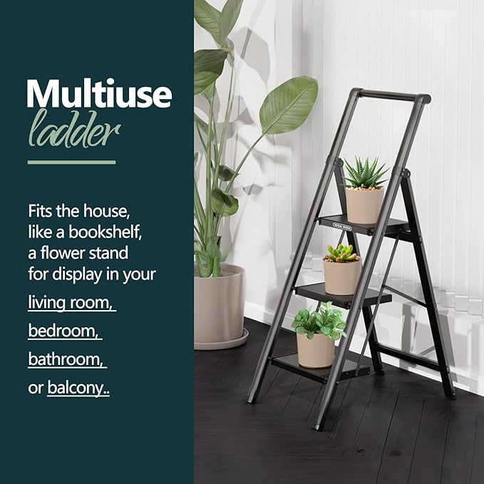 WOA WOA 3 Step Ladder, Ladders for Home, Anti-Slip Pedals, Aluminum Step Stool Foldable, Lightweight to Move, Ease of Storage, Reach 8ft for Closet Kitchen Library, Hold 300lbs - Black