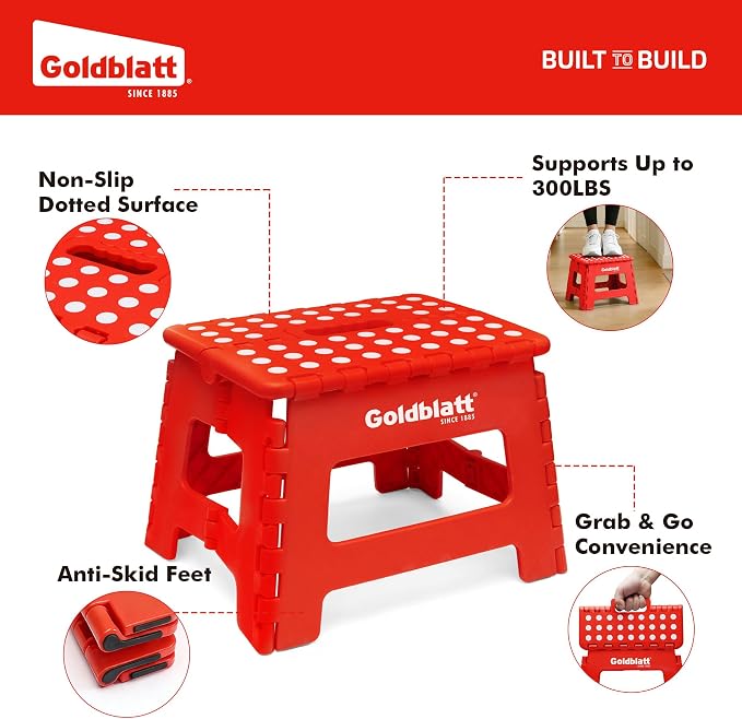 Goldblatt 8.5" Folding Step Stool for Adults and Kids, Lightweight Heavy-Duty Plastic Portable Foldable Stool with Non-Slip Top and Anti-Skid Feet, 300 lbs Capacity, Kitchen & Bathroom, Red