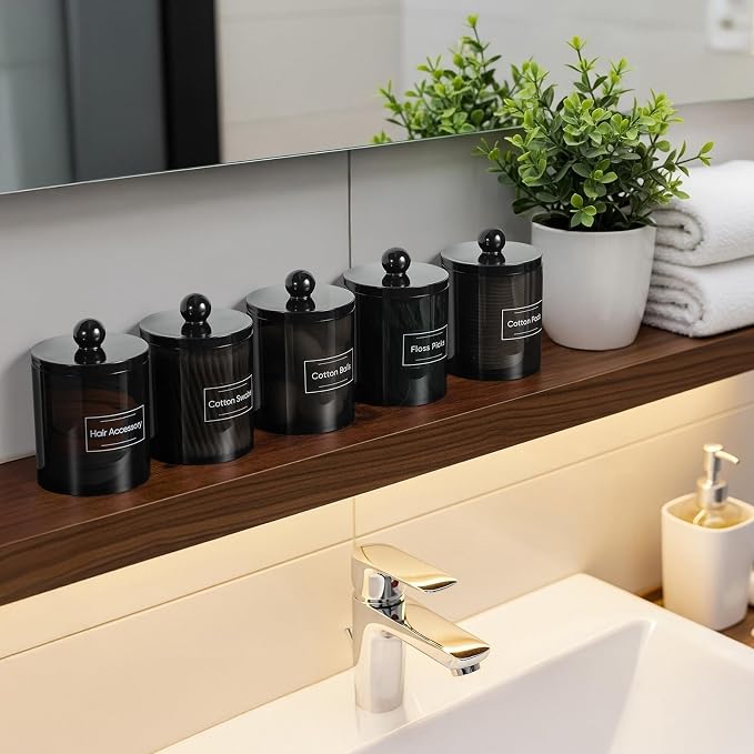 4 Pack Acrylic Qtip Holder Dispenser for Cotton Swabs, Balls, Pads, Floss Picks- Clear Acrylic Canister Apothecary Jar Set, Bathroom Essentials Accessories Decor Vanity Makeup Storage Organizer -Black