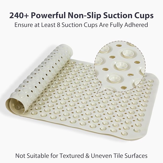Large Shower Mat 21.5x33.5 Inch Beige, Soft Non Slip Shower Mats for Inside Shower with Big Suction Cups Drain Holes, Extra Large Bath Bathtub Mat Floor Stall Mats, BPA-Free, Easy Clean