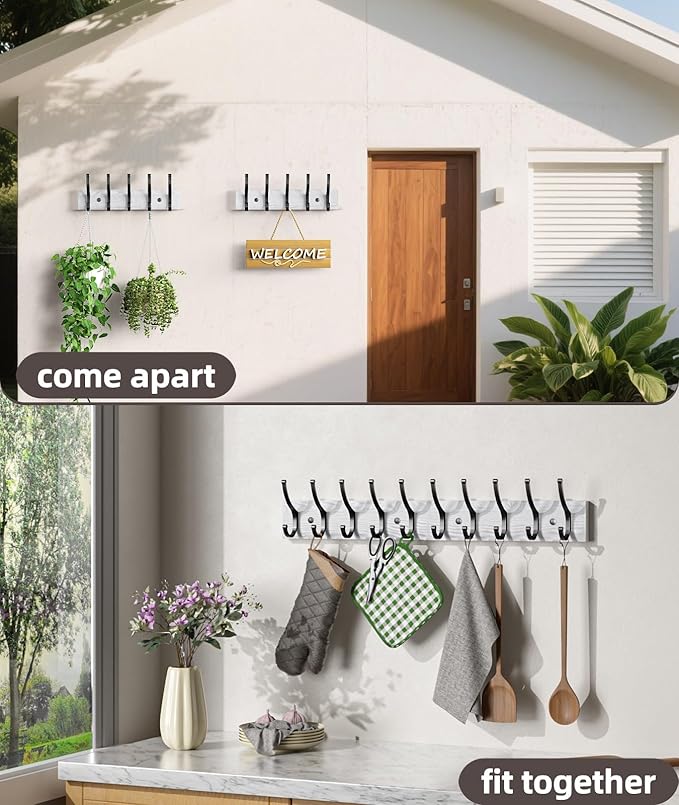 Optish 2 Pack Wooden Coat Rack Wall Mount, 16.1" Rustic Coat Hanger Hooks with 10 Double Hooks, Wall Coat Rack for Hat, Clothes, Bags, Jacket, Brown, White