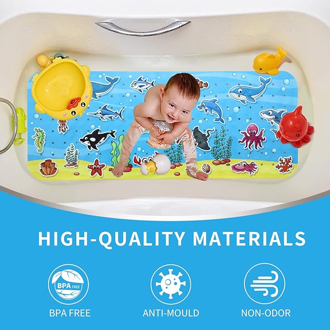 Bath Mat for Tub Non Slip Baby Kids Bathtub Mat Extra Long 40X16 Inch Anti Slip Toddler Shower Mat with Suction Cups & Drain Holes, Machine Washable,Ocean World