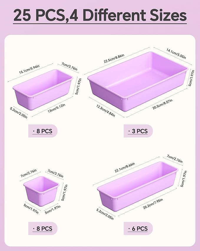 KEMETHY 25 PCS Plastic Drawer Organizers Set, 4 Sizes Vanity Organizer, Makeup and Desk Drawer Organizer Trays, Organization and Storage for Makeup, Bathroom, Kitchen Utensils and Office (Purple)