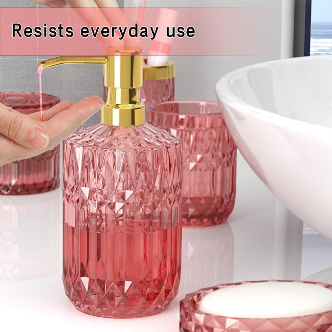 New Pink Glass Bathroom Accessories Set 5 Pcs, Pink Bathroom Set, Soap Dispenser and Toothbrush Holder Set, Qtip Holder Set, Vintage Bathroom Sink Set, Cute Bathroom Decor