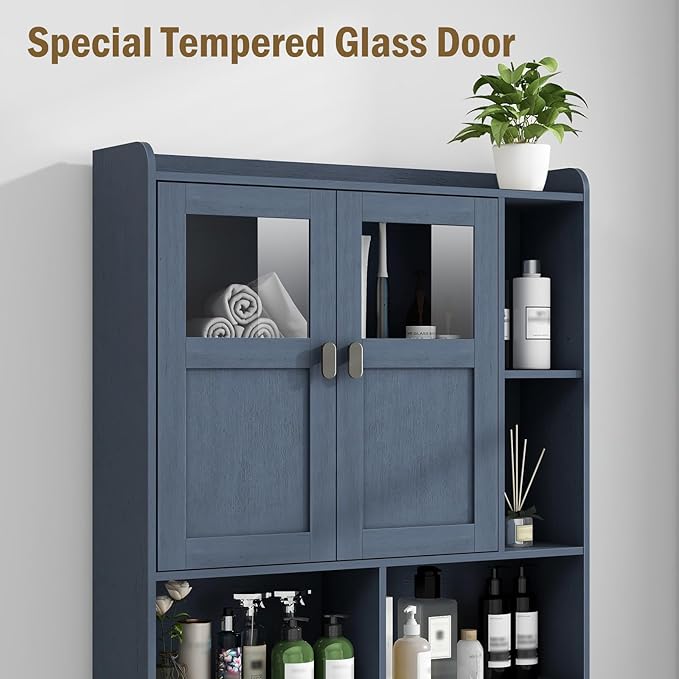 Vabches Over The Toilet Storage Cabinet, Bathroom Shelf Over Toilet with Glass Doors and Adjustable Shelves, Navy Blue Freestanding Home Space Save Toilet Rack, for Restroom, Bathroom, Laundry