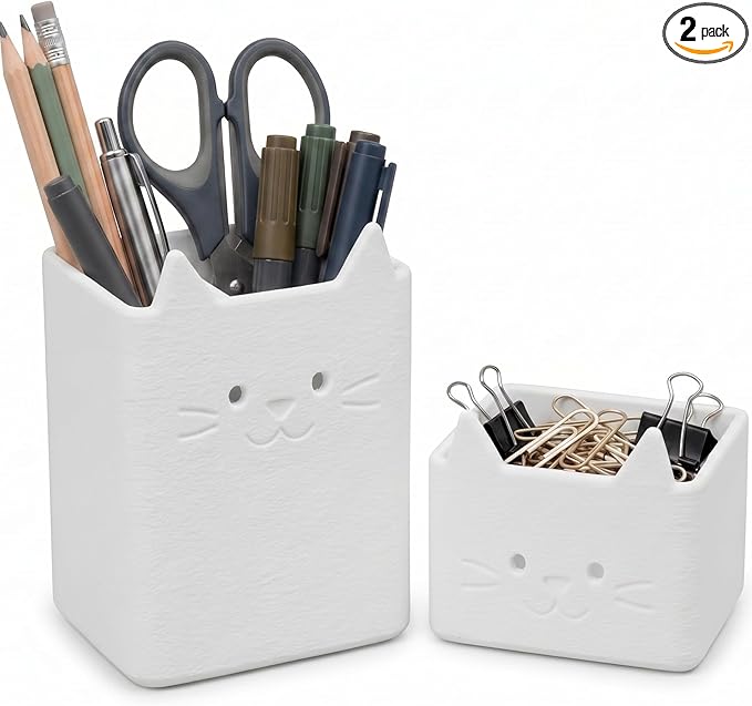 Office Desk Accessories, Set of 2 Pencil Cups, Cute Cat Pen Holder, Cute Desk Decor, Bathroom Organizer, Toothbrush Holders with Drainage, Makeup Brush Organizer, Cat Lover Gifts (Jade White)