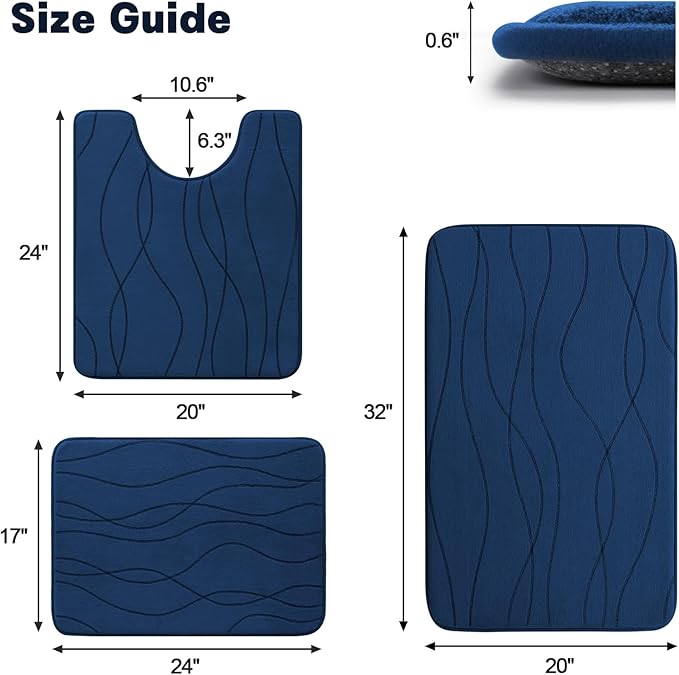 YIHOUSE Memory Foam Bathroom Rug Sets, Navy Blue, 3 Piece | Ultra Soft, Absorbent, Non-Slip, Machine Washable