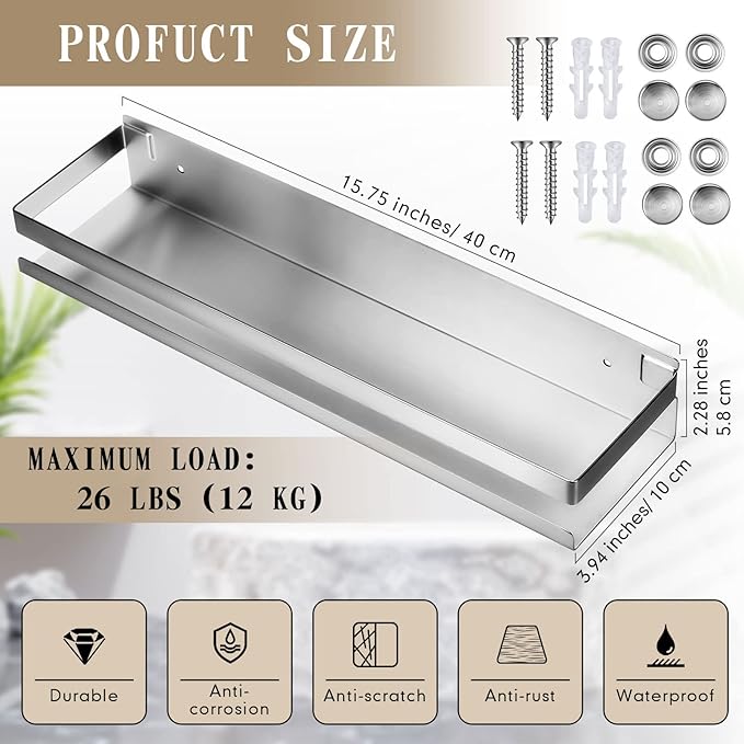 Lallisa 2 Pieces Stainless Steel Shelf Bathroom Shower Floating Shelves Wall Mounted Shower Caddy Basket Shelf Storage Organizer Shelves for Bathroom, Kitchen, Living Room(15.75 Inch/ 40 cm,Silver)