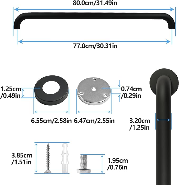 Shower Grab Bar, 2 Pack 32 Inch Black Bathroom Grab Bar, 1.25" Diameter Stainless Steel Grab Bars for Bathtubs and Showers, Handicap Shower Grab Bar for Seniors Elderly