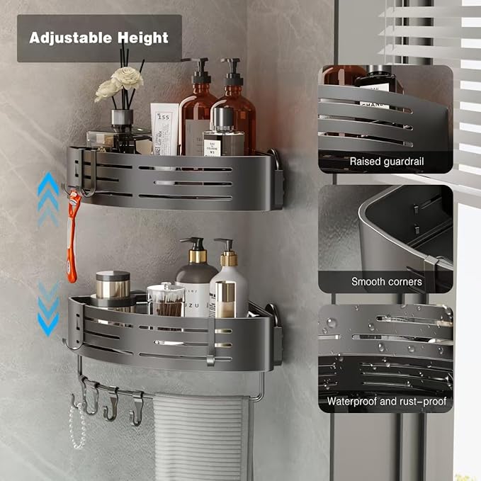 Voldra Corner Shower Caddy Suction Cup, Corner Shower Shelves No Drilling, Aluminum Upgrade Suction Cup Shower Organizer with Towel Bar & Hooks Removable Bathroom Storage Rack(3 Pack,Gray)