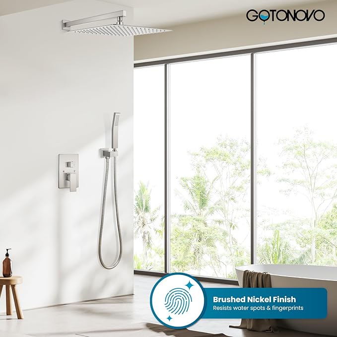 gotonovo Rainfall Bathroom Shower System Rain Shower Head and Handle Set Wall Mounted Shower Complete Combo Solid Brass Pressure Balancing Shower Mixer Valve 16 Inch Brushed Nickel