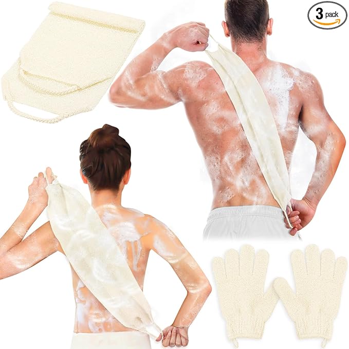 Anezus Exfoliating Back Scrubber Bath Gloves Set, Exfoliating Shower Towel with Shower Gloves for Body Scrub, Back Cleaner Wash Gloves to Remove Dead Skin (Beige)