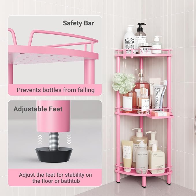 ELYKEN Corner Shower Caddy Standing, 3 Tier Rustproof Metal Shower Organizer with Soap Holder, Floor Shower Corner Shelf Rack Storage Stands with Adjustable Feet & 2 Hooks for Bathroom, Pink
