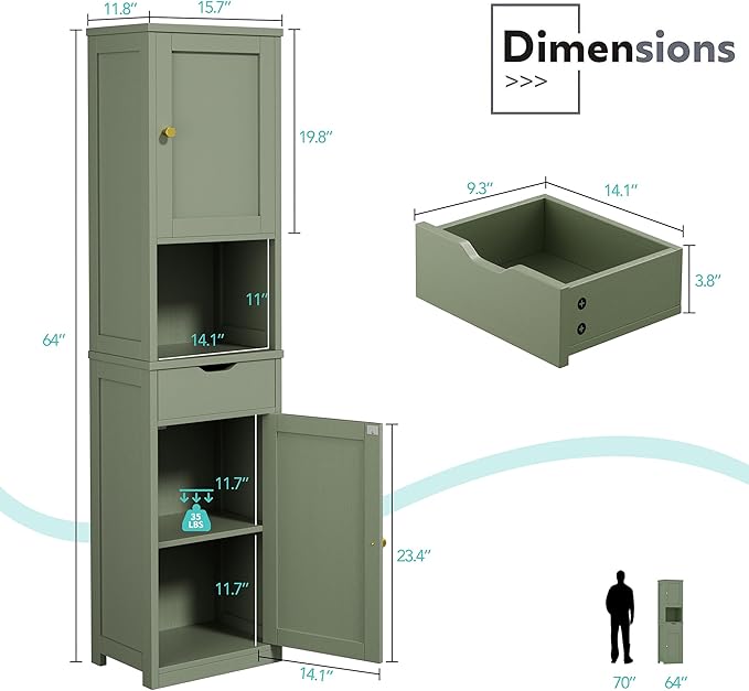 Vongrasig Tall Bathroom Storage Cabinet, 64”H Narrow Storage Unit for Small Spaces, Freestanding Modern Cabinet with Adjustable Shelves for Bathroom, Living Room, Kitchen, Green