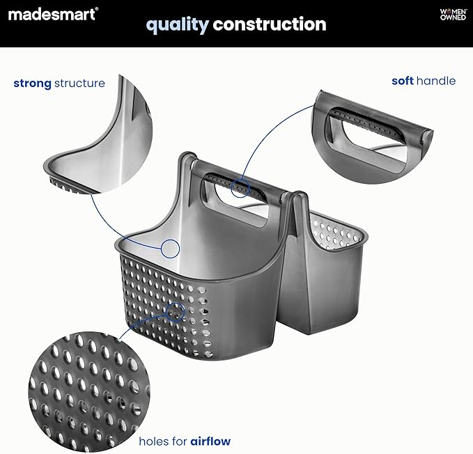 madesmart Large Portable Shower Caddy, Hold Soap, Shampoo, Hair Supplies and Beauty Products, Cleaning Supplies Organizer for Home, Dorm, Plastic Shower Tote, Soft Handle, Carbon