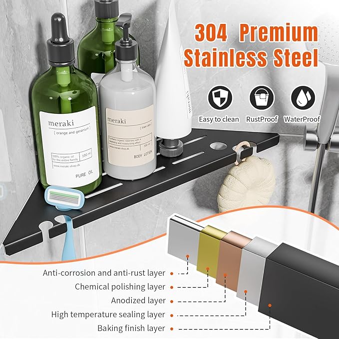 Permanent Grout-in Corner Shower Shelves with Hooks, Modern 304 Stainless Steel Shower Caddy for Bathroom Renovation & Hotel, Heavy Duty No-Drill Grout Mount Shower Organizer for Tile Wall,10", 2 Pack