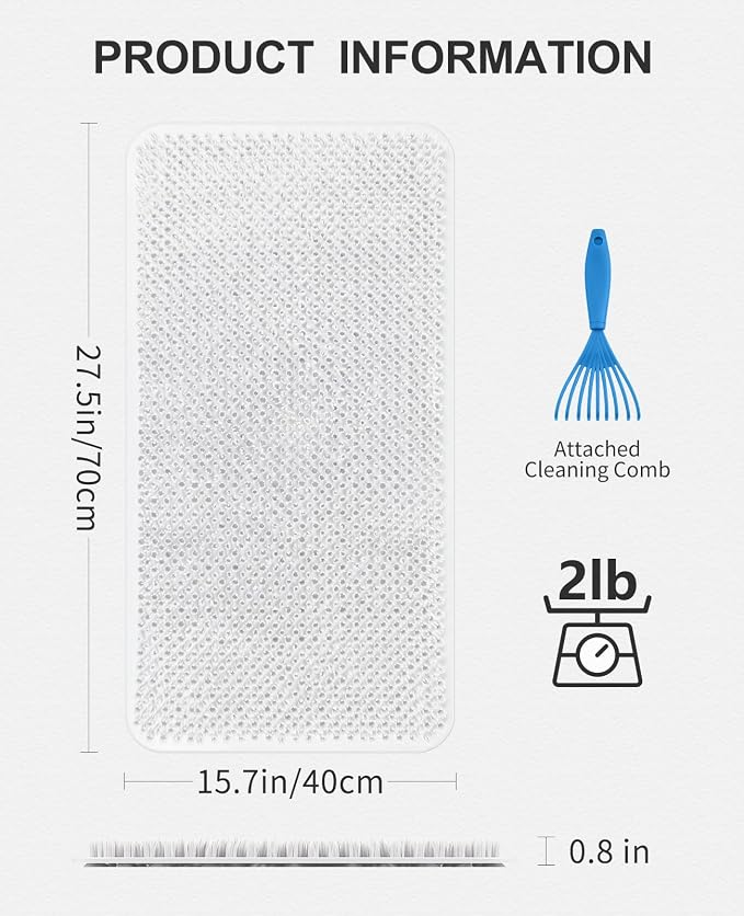 OTHWAY Non Slip Grassy Bathtub Mat : 27.5X15.7 inches Sturdy But Soft Bath Mat_Quick Drain Shower Floor Mat with Soft Bristles for Scrubbing Feet (White)