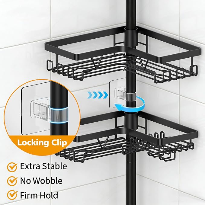 KEGII Black Shower Caddy Tension Pole with 2 Towel Bars, Adjustable Corner Bathroom Organizer, Rustproof Bathtub Storage Shelves for Shampoo, 25–114.2 Inch Shower Corner Rack for Renters & Family