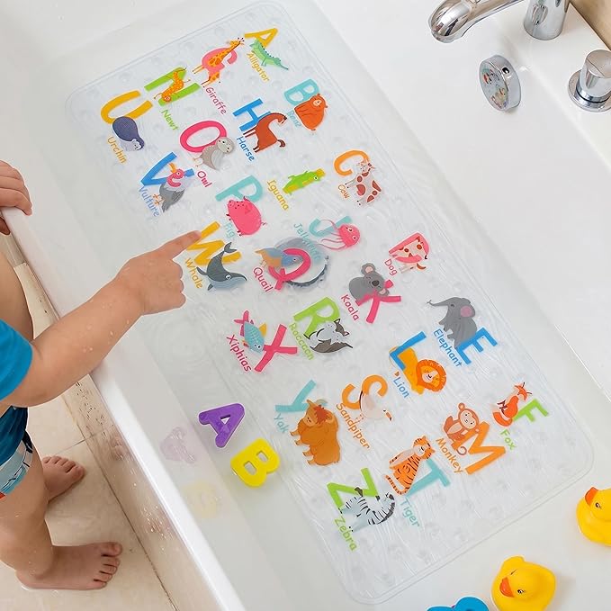 BEEHOMEE Bath Mats for Tub Kids,Baby Toddler - Large Cartoon Non-Slip Bathroom Bathtub Anti-Slip Shower Mats for Floor 35x15,Machine Washable XL Size Bathroom Mats (Alphabet)