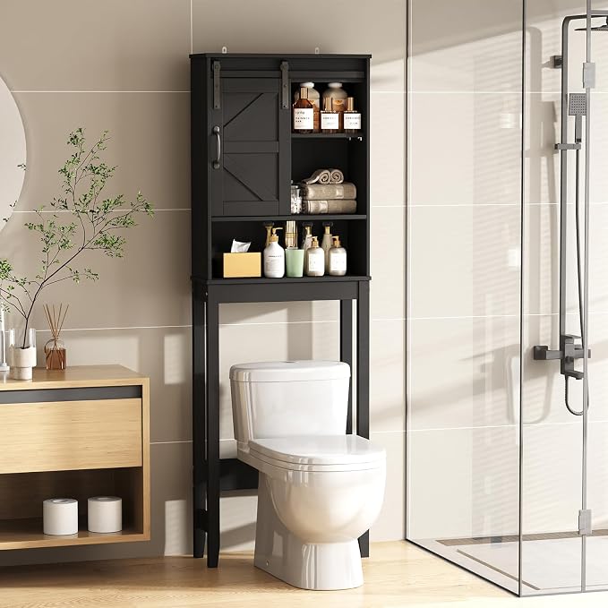 Over The Toilet Storage Cabinet, Bathroom Organizer with Anti-Tip Kit, Adjustable Shelves, Elegant Matte Black Finish Suits Modern Bathrooms.