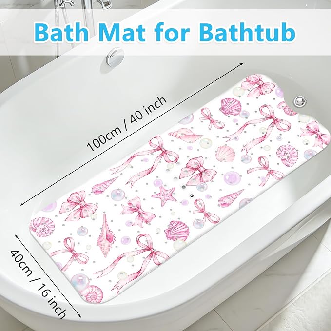 Bath Mat for Tub Non Slip, Cute Bow Bathtub Mats for Girls Non Slip Shower Mat, Machine Washable 40"x16" Long Pink Tub Mats with Suction Cups and Drain Holes for Toddler & Women, Bathroom Decor(Bows)