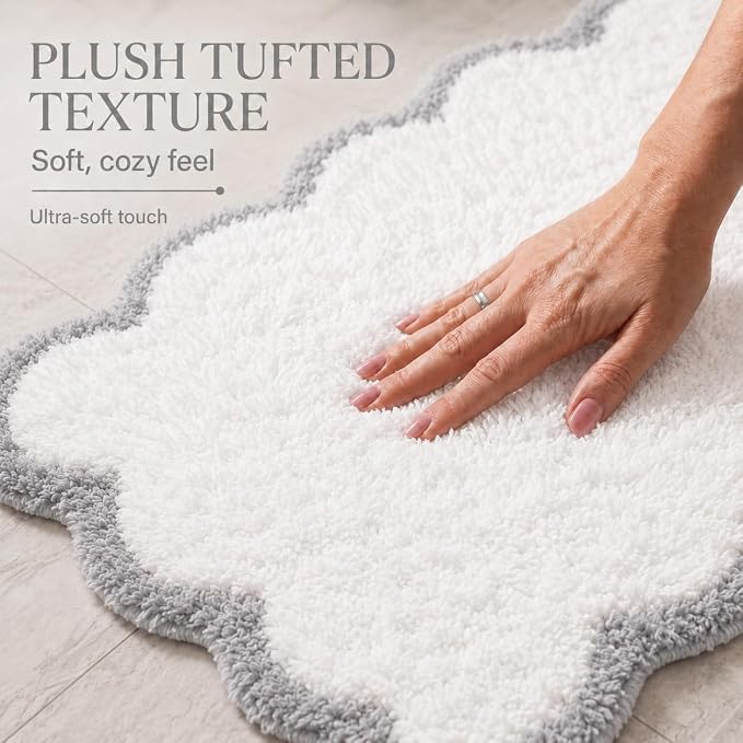 Scalloped Grey Bath Rug, Cute Bathroom Rug, Soft Absorbent Quick Dry Bath Mat, TPR Non Slip Backing, Microfiber Mat for Shower Tub Sink Vanity 20" x 31.5"