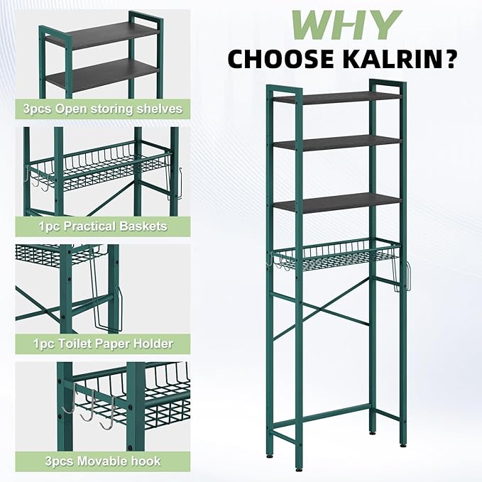 Kalrin Over-The-Toilet Storage Rack, 4-Tier Bathroom Organizer Shelf Over Toilet with Adjustable Shelf and Basket, Freestanding Space Saver Bathroom Shelves Above Toilet for Room (Green- Black)