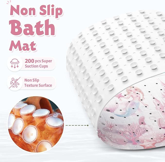 XIYUNTE Baby Bath Mat for Tub Non Slip Kids, BPA Free Extra Long Bathtub Mat 40x16 with Drain Holes and 200 Suction Cups, Non Toxic Machine Washable Toddler Bath Mat, Eco-Friendly Certified