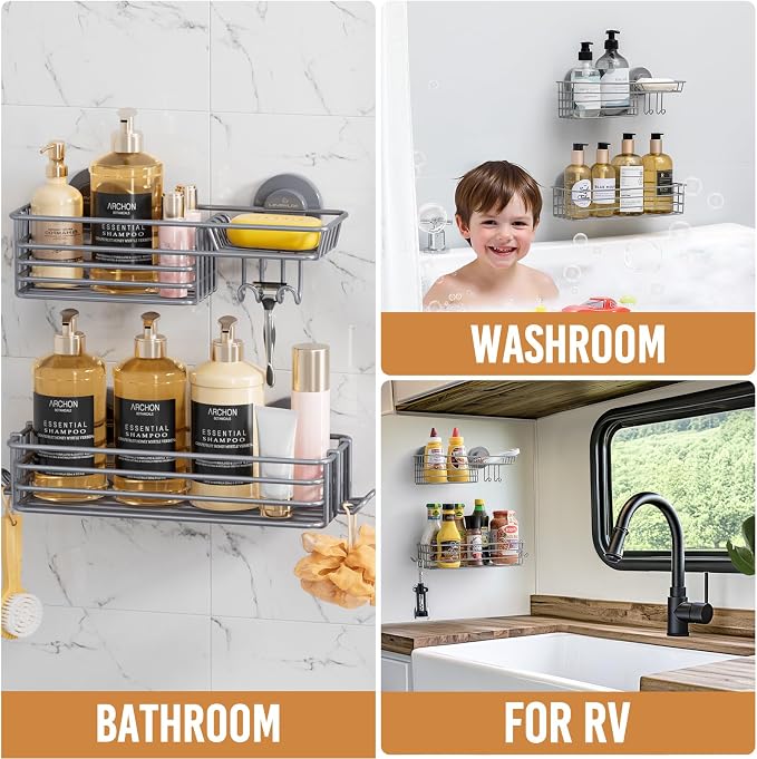 LEVERLOC Suction Cup Shower Caddy, Rustproof Shower Shelves for Inside with Hooks and Soap Holder, 2 Pack No Drill Meatl Bathroom Shower Organizer Grey