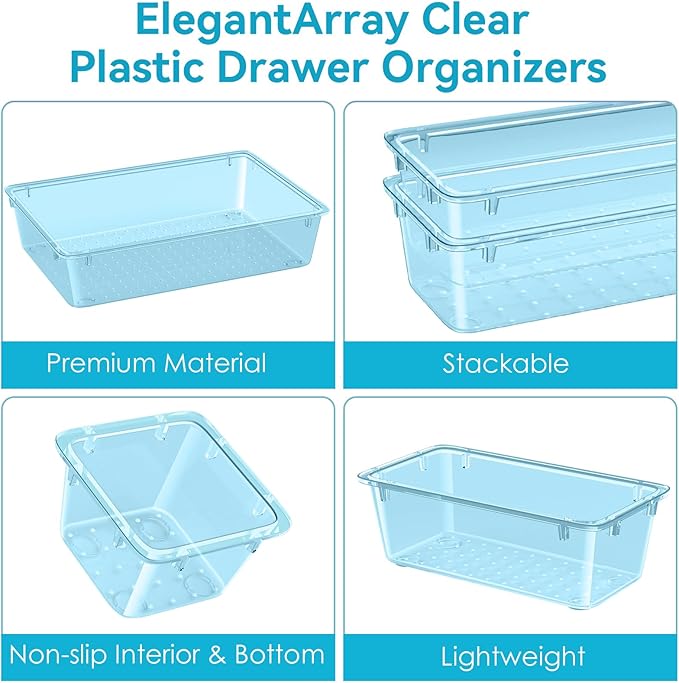 ElegantArray 12-Piece Drawer Organizer Set, 4 Sizes Versatile Plastic Vanity Organizer for Makeup, Stationery, Gadgets, in Kitchen, Bathroom, Office, and Bedroom, Sea Blue