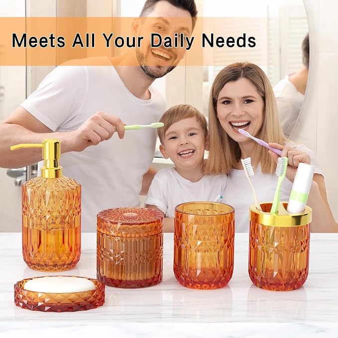 Orange Glass Bathroom Accessories Set 5 Pcs, Orange Bathroom Set, Soap Dispenser and Toothbrush Holder Set, Qtip Holder Set, Vintage Bathroom Sink Set, Cute Bathroom Decor
