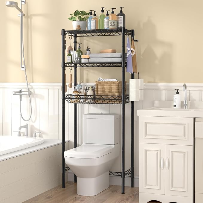 Hodonas Over The Toilet Storage Shelf, Adjustable Bathroom Organizer with Toilet Paper Holder & 8 Hooks, 3 Tier Sturdy Metal Space Saver for Bathroom/Kitchen, Easy Assembly Above Toilet Shelf, Black