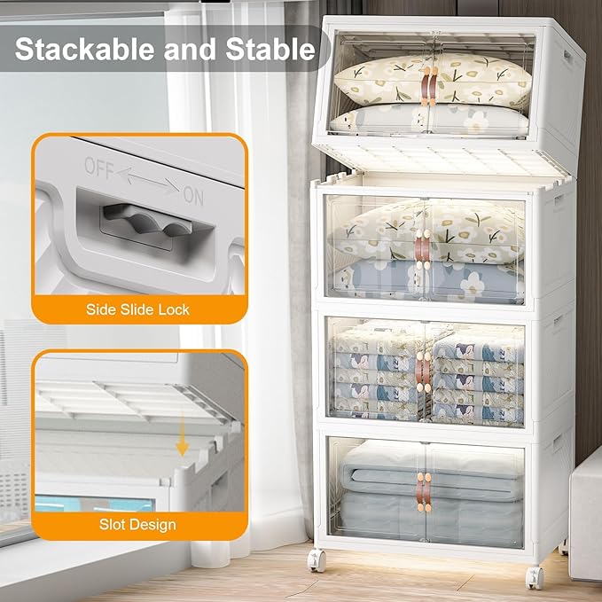 UAMFURI Stackable Storage Bins with Lids, 1400QT Closet Organizers and Storage with Doors and Wheels, Extra Large Storage Cabinet, Collapsible Plastic Drawers for Bedroom Dorm Office Garage