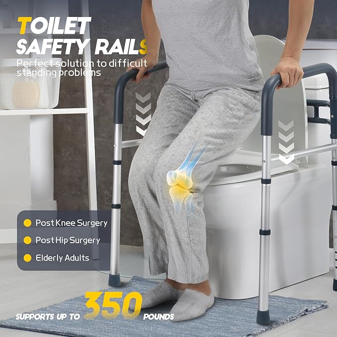 Lianjindun Toilet Safety Rails (350 lb), Adjustable Toilet Frame for Elderly, Seniors, Handicap & Disabled, Foldable Handicap Toilet Handles Fit Any Toilets (Blue)