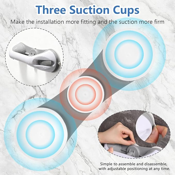 2-Pack Grab Bars for Shower :3 Strong Suction Cups, No-Drill Removable Bathroom Handrails for Seniors and Disabled Waterproof Shower Grab Bar for Toilet, Tub & Shower