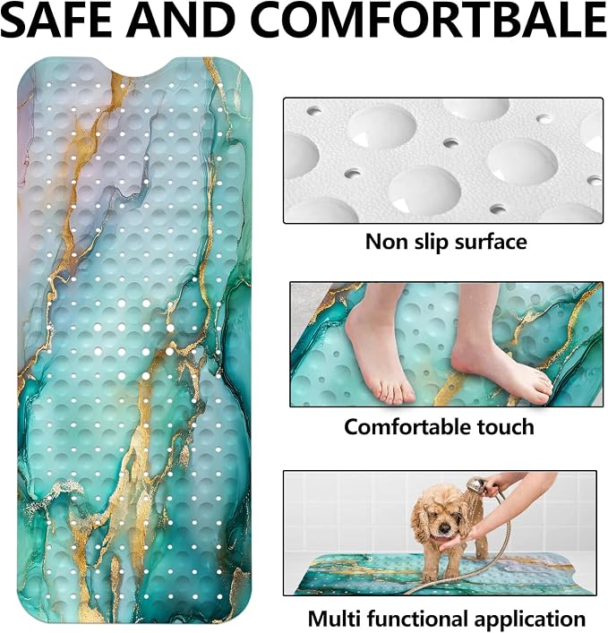 LNOND Marble Bath Tub Mat Non Slip, Extra Long 40 X 16 Inch Anti Slip Mat for Bathtub, Green Marble Shower Mat with Drain Holes and Suction Cups, Machine Washable