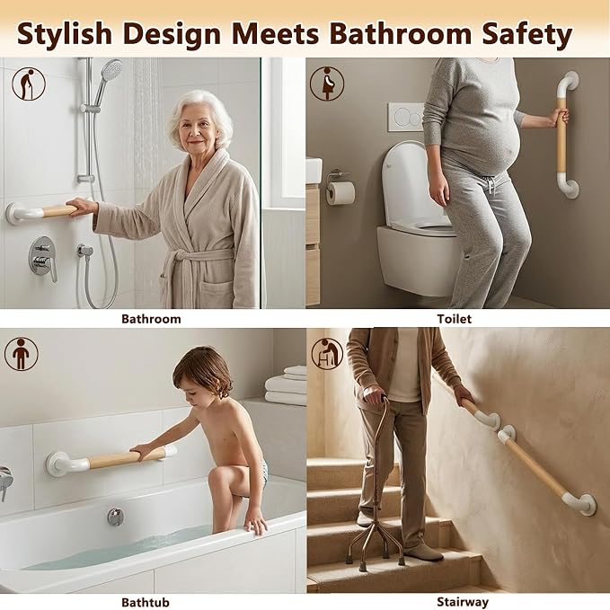 Grab Bars for Shower, 2 Pack 16 Inch Bathtub and Bathroom Safety Handle for Seniors, Anti-Slip Faux Wood Grip, Heavy Duty Shower Handles, Supports up to 500 lbs for Elderly, (Wide Bold Strip)