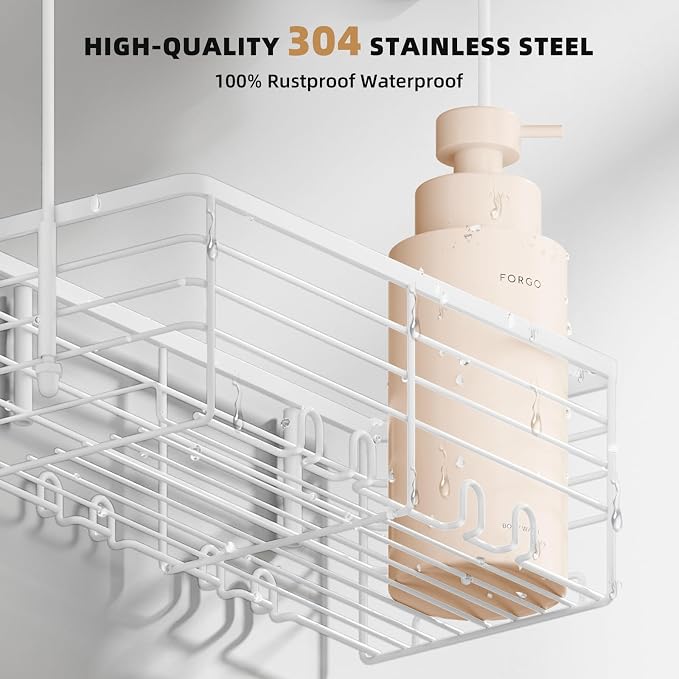 SHANSHUI Shower Caddy Hanging Bathroom Organizer Basket, Shampoo Bracket, Over Door Showers Caddy with Hooks, 304 Stainless Steel Rust Proof Rack- White
